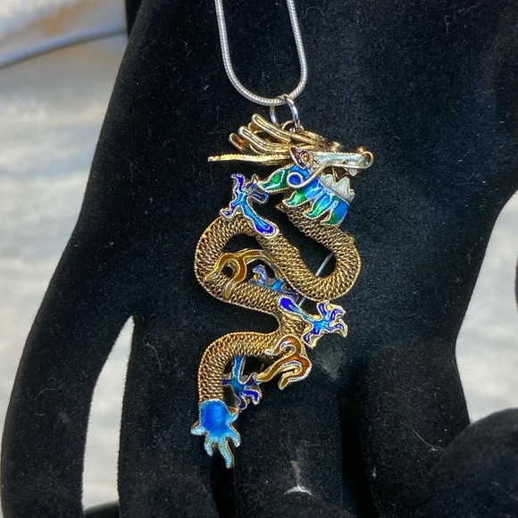 Antique CHINESE DRAGON Gold Gilt 925 Sterling Silver Cloisonné Brooch/Pendant. - Picture 10 of 15